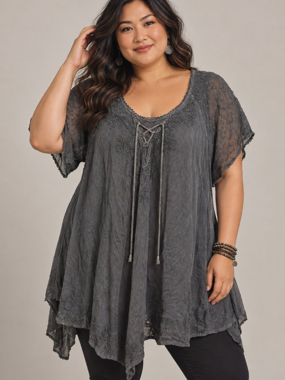 Lapogee Semi-Sheer Boho Tunic Top Size 1X Gray Embroidered Tied Made in India